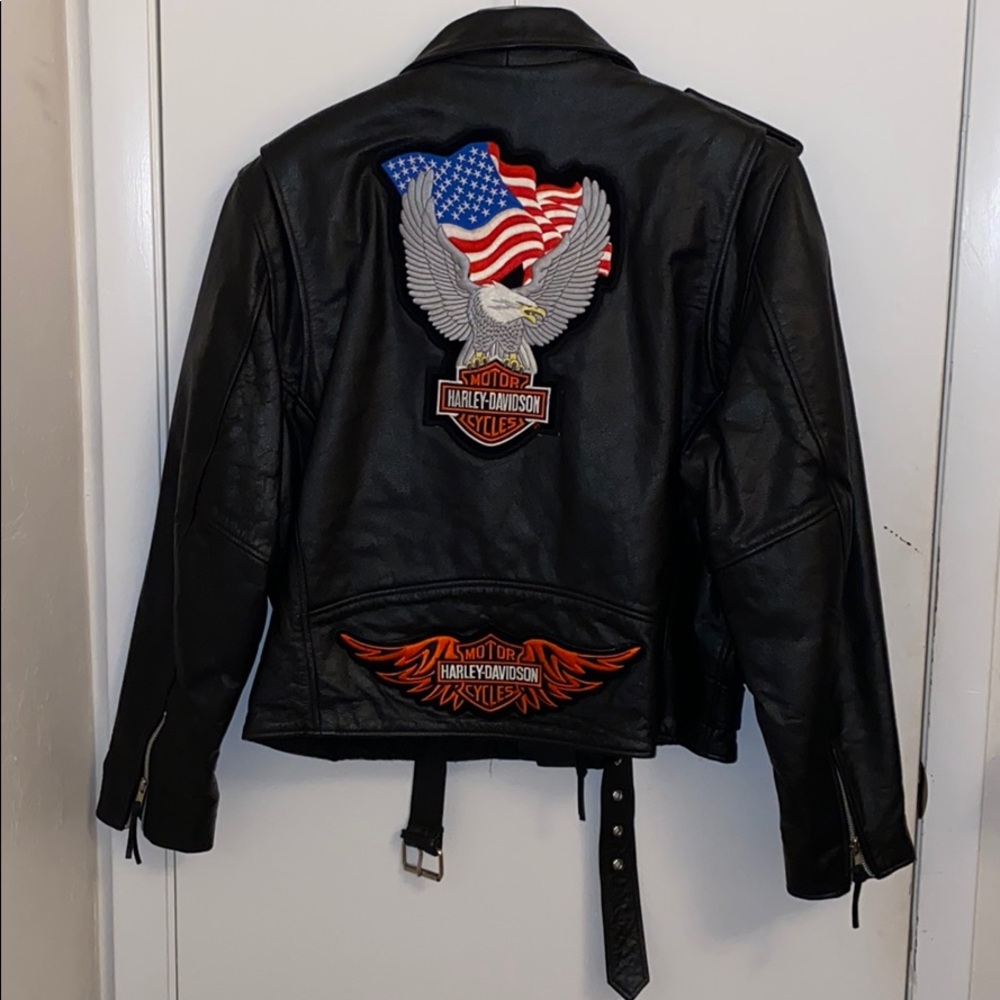‼️ Black leather motorcycle jacket w/ patches sz 46